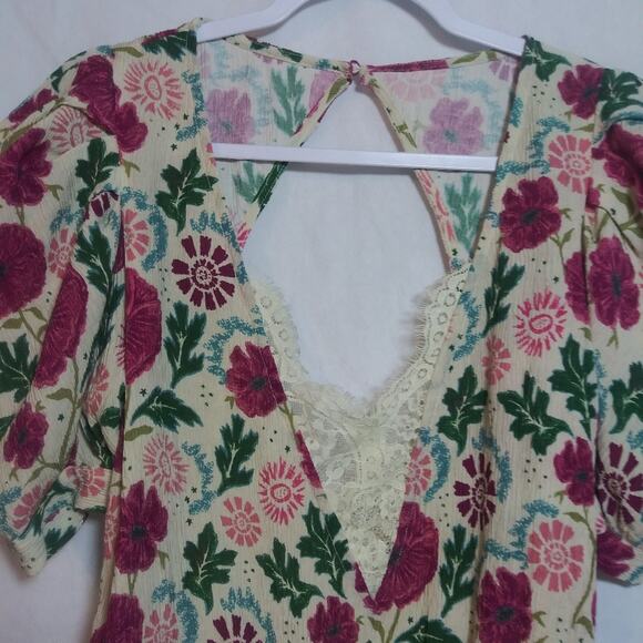 Free People Floral Romantic Boho Lace Open Back Bodysuit Puff Sleeves Size XS - Picture 4 of 11